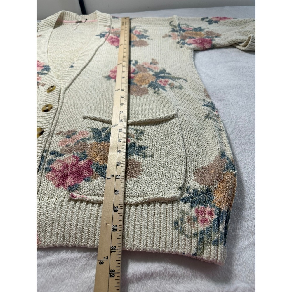Free People Floral Cardigan Women XL Ivory Pink Boho Oversized Excellent Pocket - Picture 3 of 6